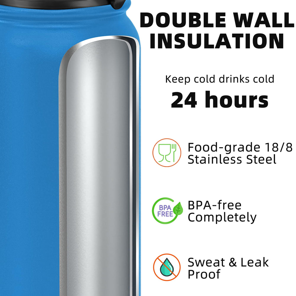 Fanhaw Stainless Steel Water Bottle with Chug Lid - Sky Blue / 24 Ounces view 2