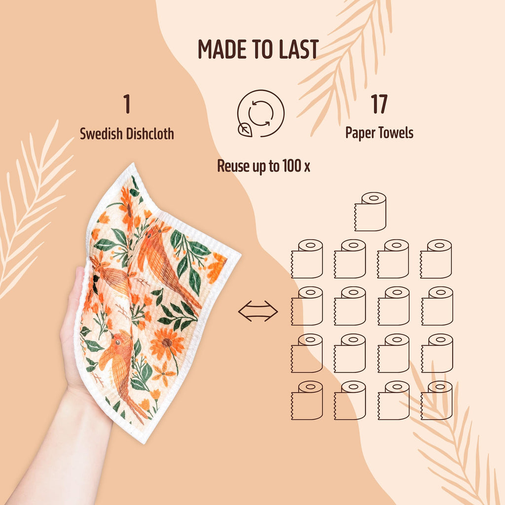 Augine Swedish Dishcloths for Kitchen, Reusable Paper Towel - 5 Count- Flowers and Birds view 3