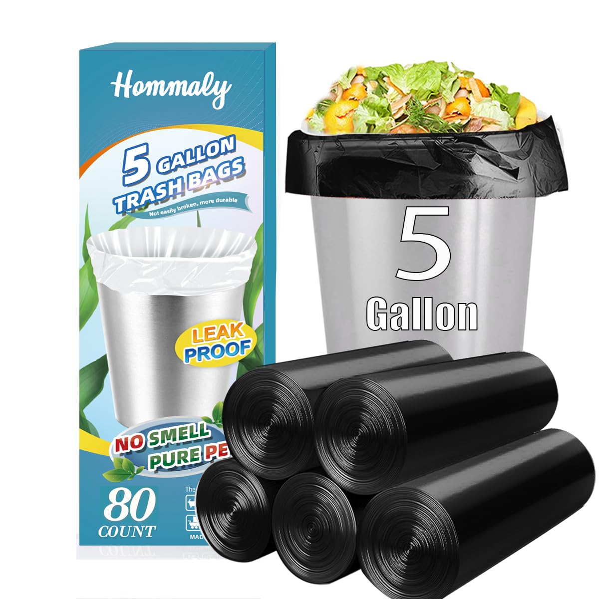 5 Gallon 80pcs (Fit 4.5-5.3 Gal) Small Black Trash Bags Strong Garbage Bags, 18-20 Liter