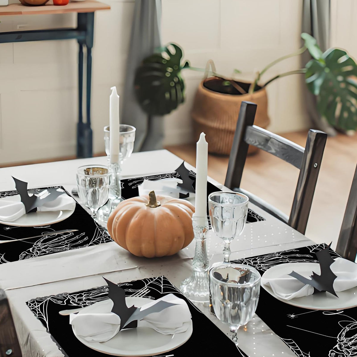 HINGTAI 4Pcs Halloween Skeleton Spooky Spider Black Placemats Set of 4, Suitable for (additional view 3)