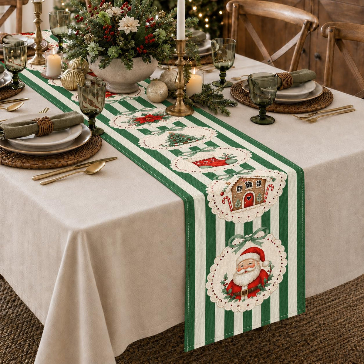 13 x 60 Table Runner for Holiday and Farmhouse Kitchen Decor - Green Stripe view 6