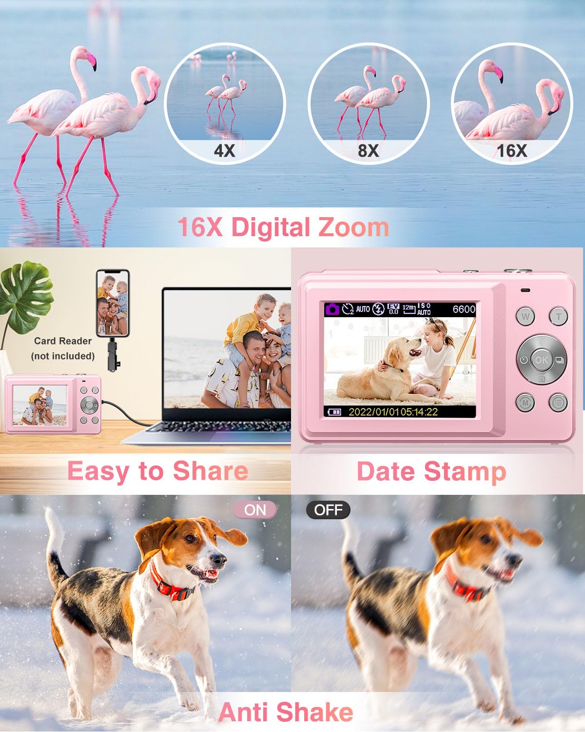 Lecran Digital Camera, FHD 1080P Point and Shoot Camera for Kids Teens – Pink (DC403)