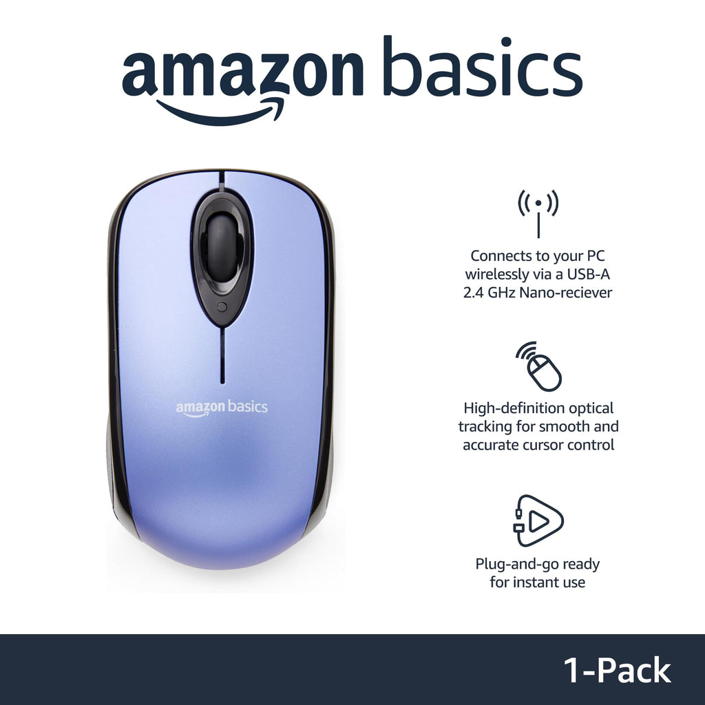Amazon Basics 2.4 Ghz Wireless Optical Computer Mouse with USB Nano Receiver - Blue view 1