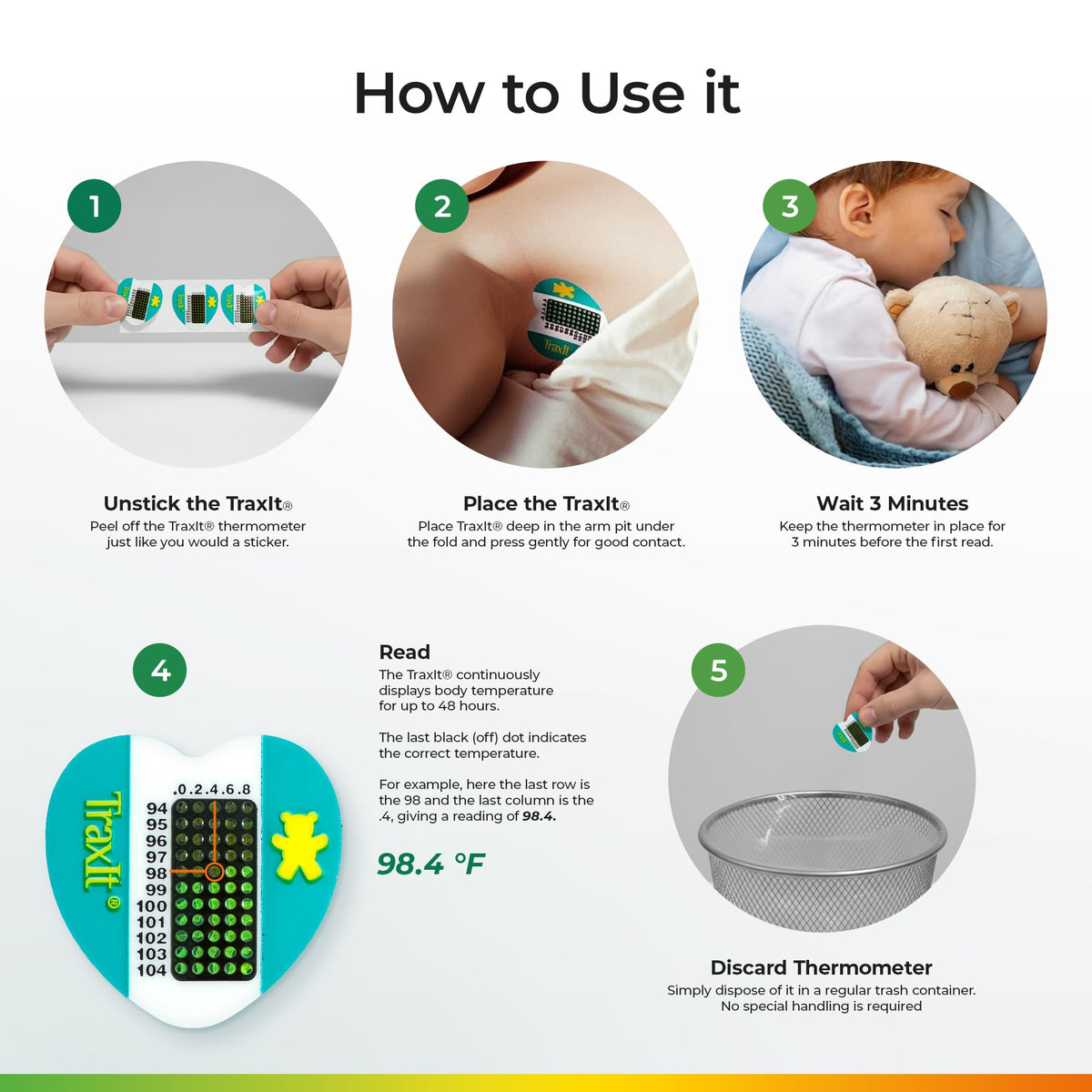 TraxIt Underarm Thermometer Sticker for Kids, Babies 6+ Months