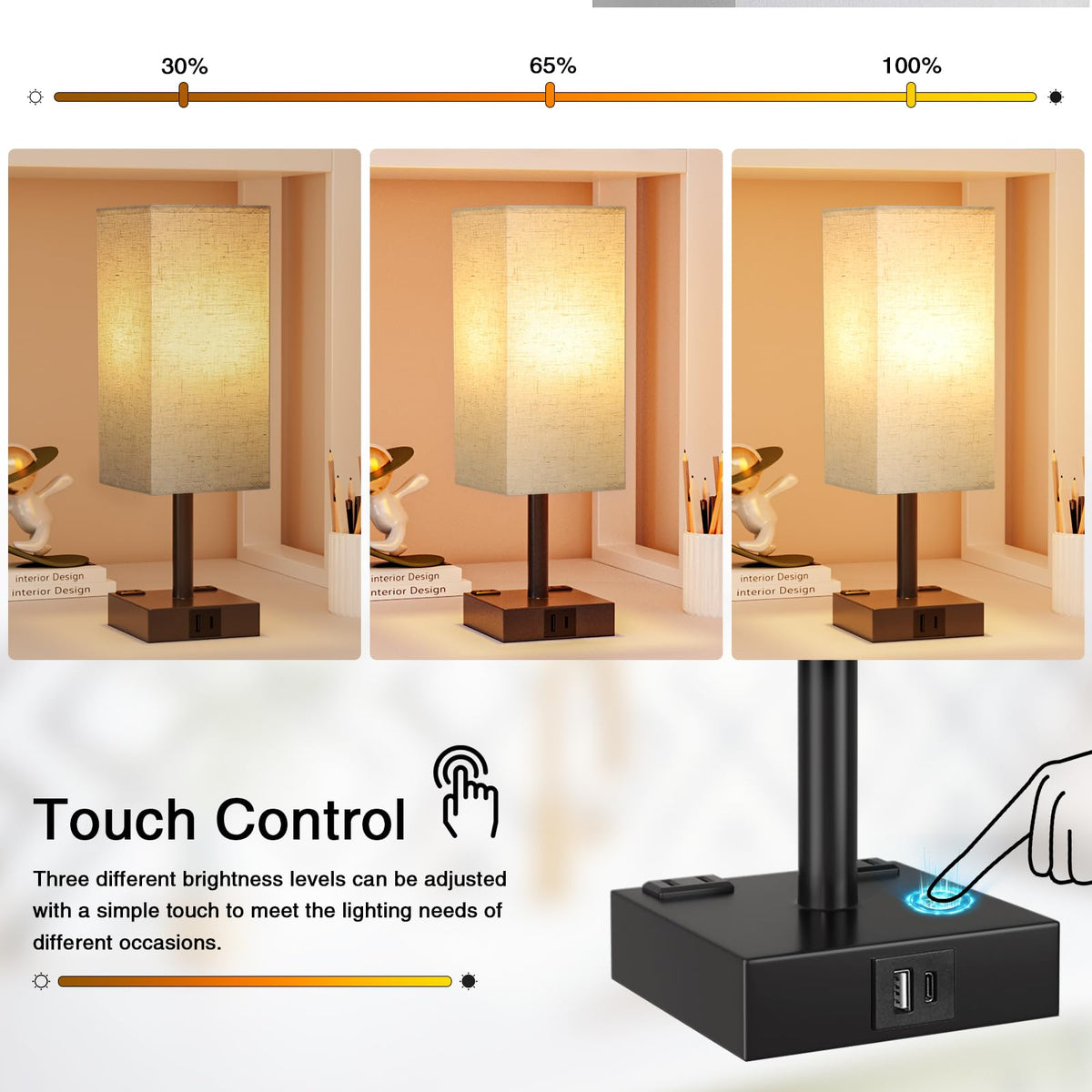 aooshine Bedside Table Lamp Touch Control - 1 Beige & Black / 14.0in view 1