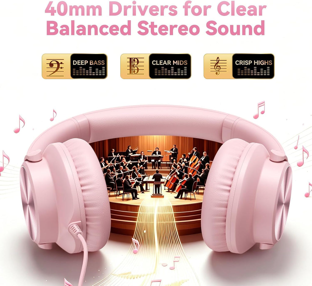 KVIDIO Wired Headphones with Mic - Pink view 1