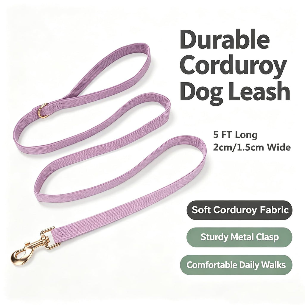 YUDOTE Corduroy Dog Collar Leash Set Adjustable Pet Walking Gear - Lilac / Medium view 4