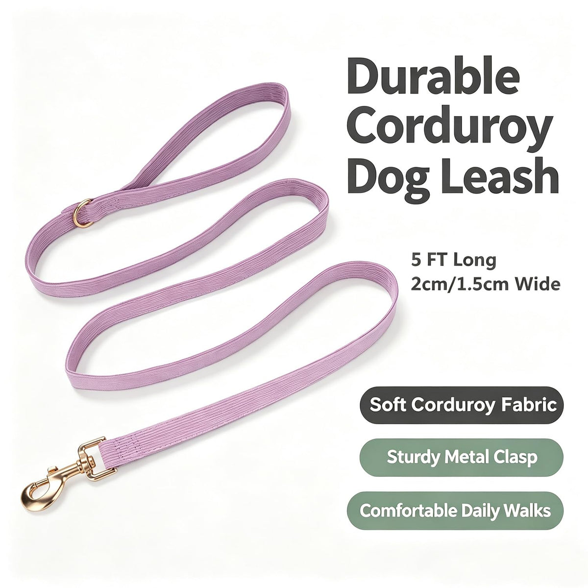 YUDOTE Corduroy Dog Collar Leash Set Adjustable Pet Walking Gear - Lilac / Medium view 4