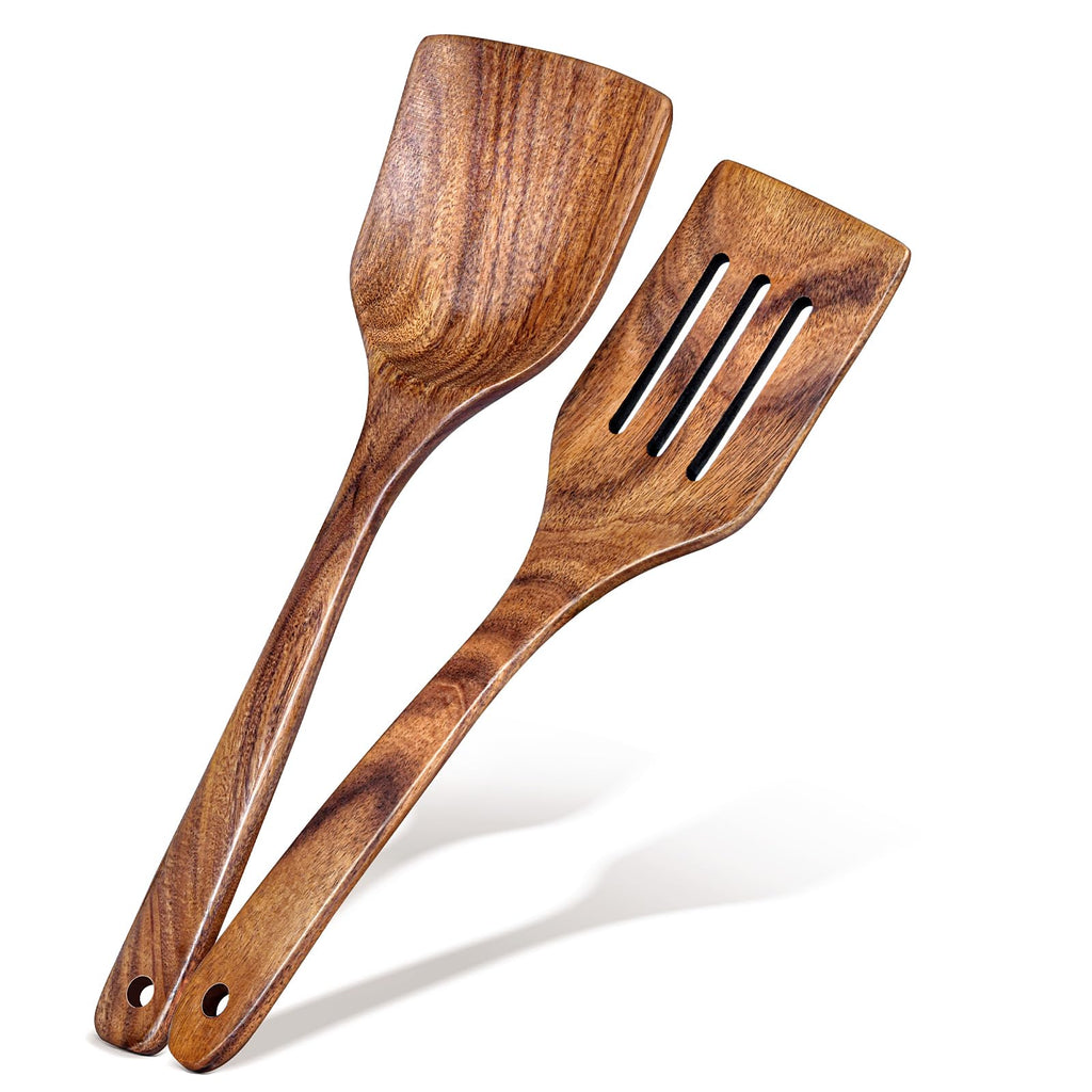 MemoGem 2Pcs Wooden Spatula, Acacia Solid & Slotted Turner Spatula Set, Long Handle Flat Frying Spatulas, Ideal Kitchen (Pack of 2)