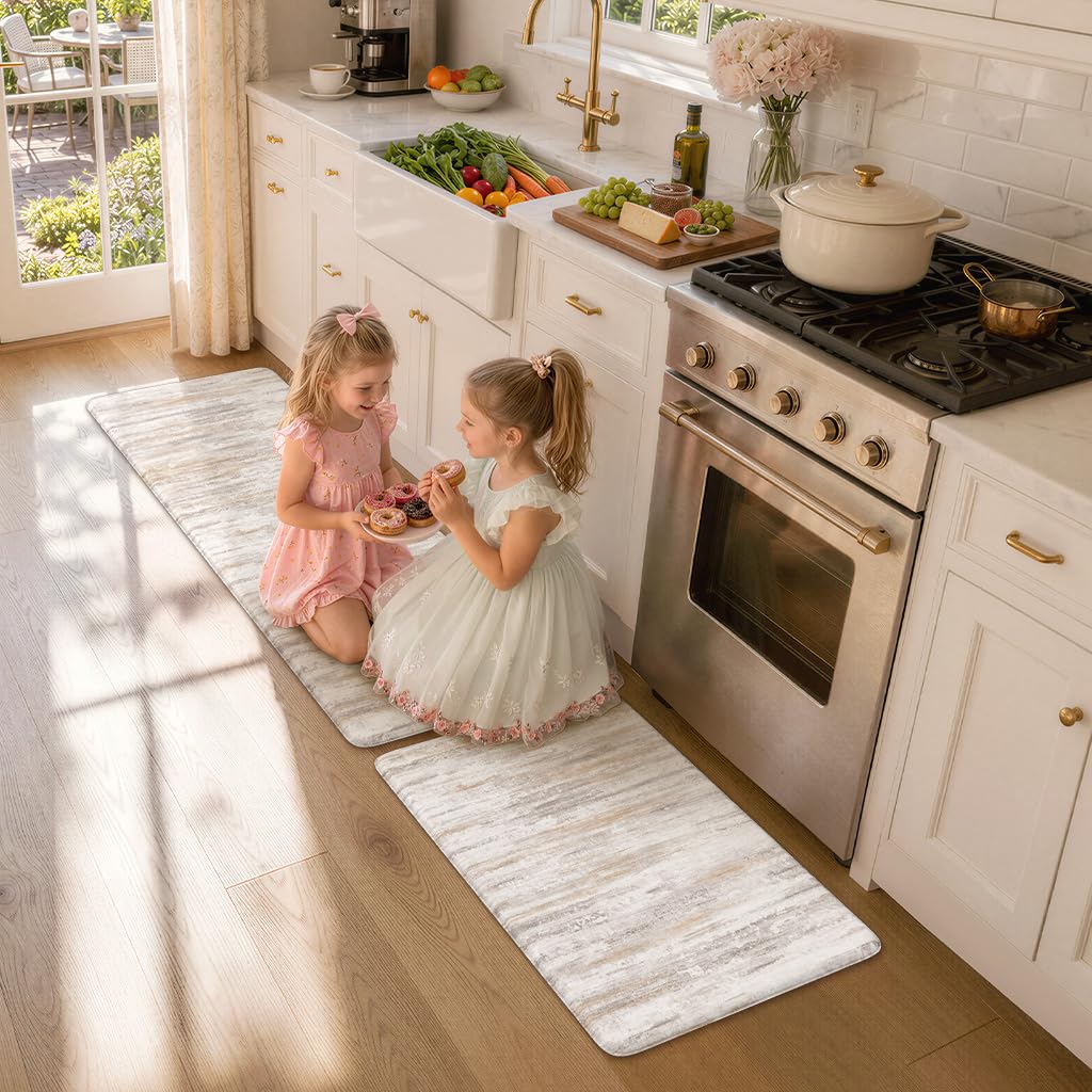KIMODE Anti Fatigue Kitchen Mat, Abstract Farmhouse Kitchen Rugs Sets of 2 - Light Brown/Multi / 17.3" x 47"+17.3" x 29"--0.47 inches view 7