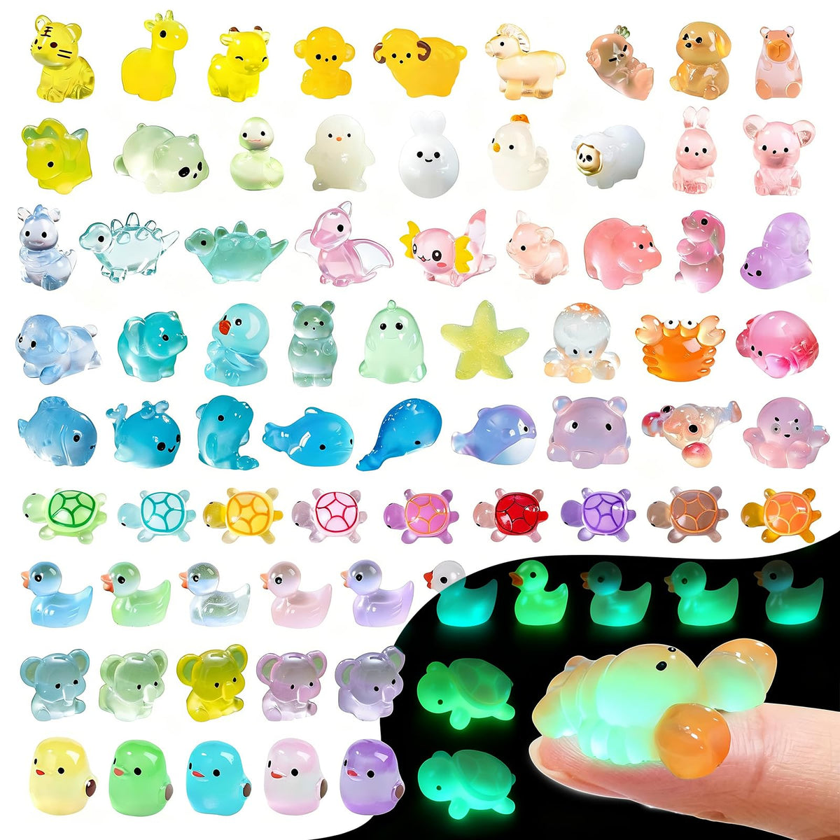 Zerobe Glow in The Dark Mini Resin Animals: Miniature Desk Figures - 82pcs