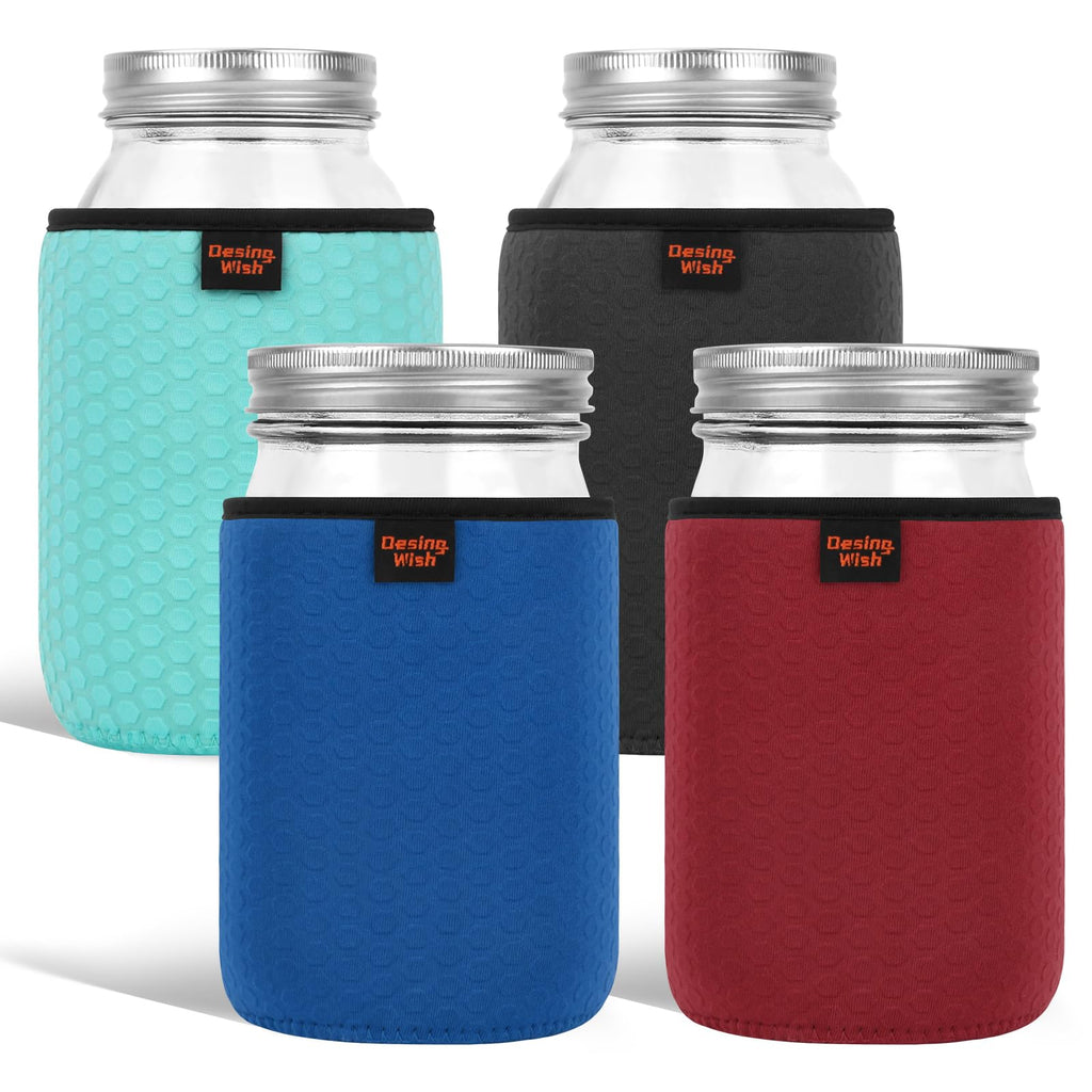 Desing Non-slip Cozy Insulated Glass Jars Protector Holder Sleeves - 32 oz Sleeves (3.7 x 5.3 In) - Black/Red/Blue/Cyan
