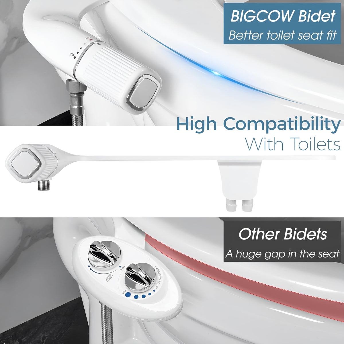 BIGCOW Ultra-Slim Bidet Attachment for Toilet - Dual Nozzle (Frontal & Rear Wash) with Adjustable Cold Water Pressure (Pack of 2)