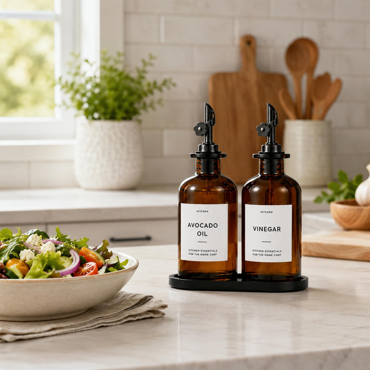Olive Oil Dispenser for Kitchen, 2-Pack 12oz Glass Bottle - Brown&White Labels view 5