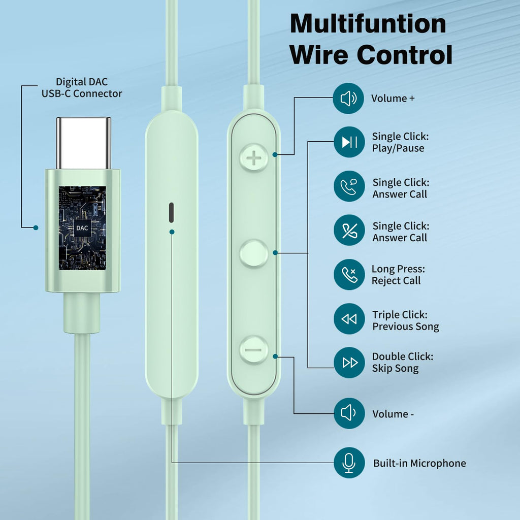 USB C Headphones for iPhone 18 Pro Max 17 16 15/Galaxy S26 FE Wired Earbuds - Mint-Green view 2