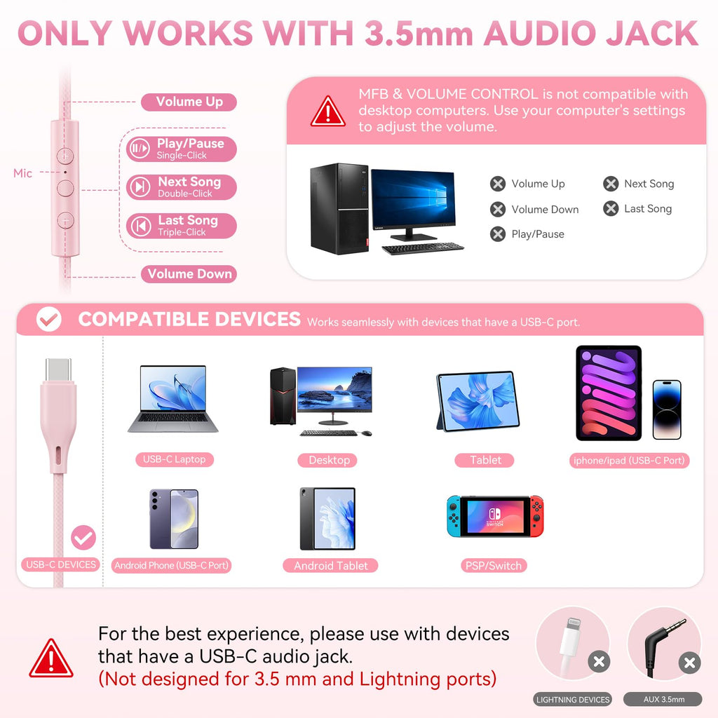 KVIDIO Wired Headphones with Mic - Pink view 2
