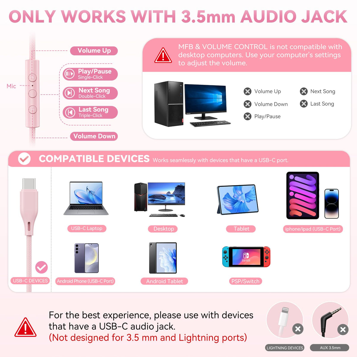KVIDIO Wired Headphones with Mic - Pink view 2