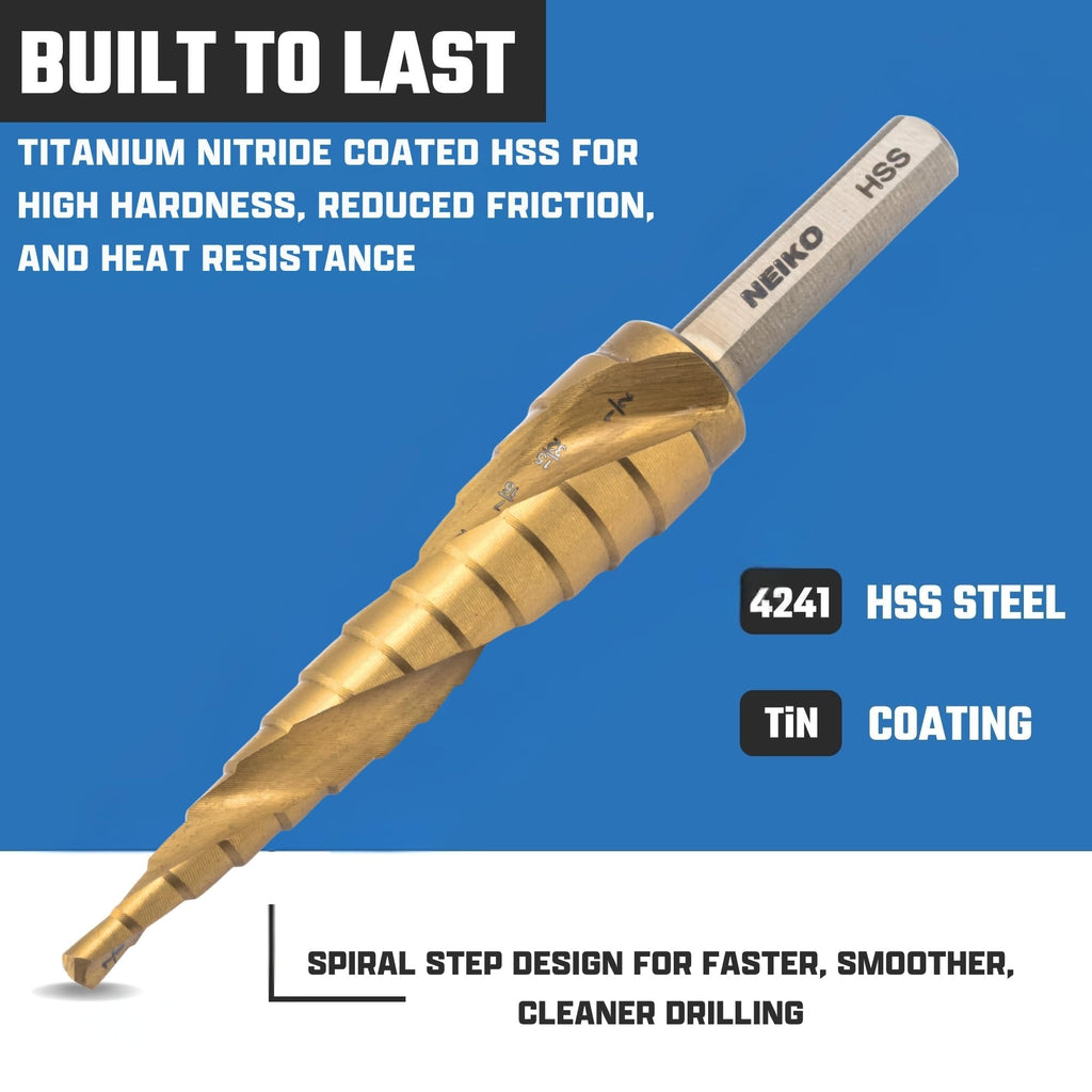 NEIKO 10600A Step Drill Bit, 13 Steps 1/8" to 1/2" Spiral High Speed Steel, Titanium (additional view 2)