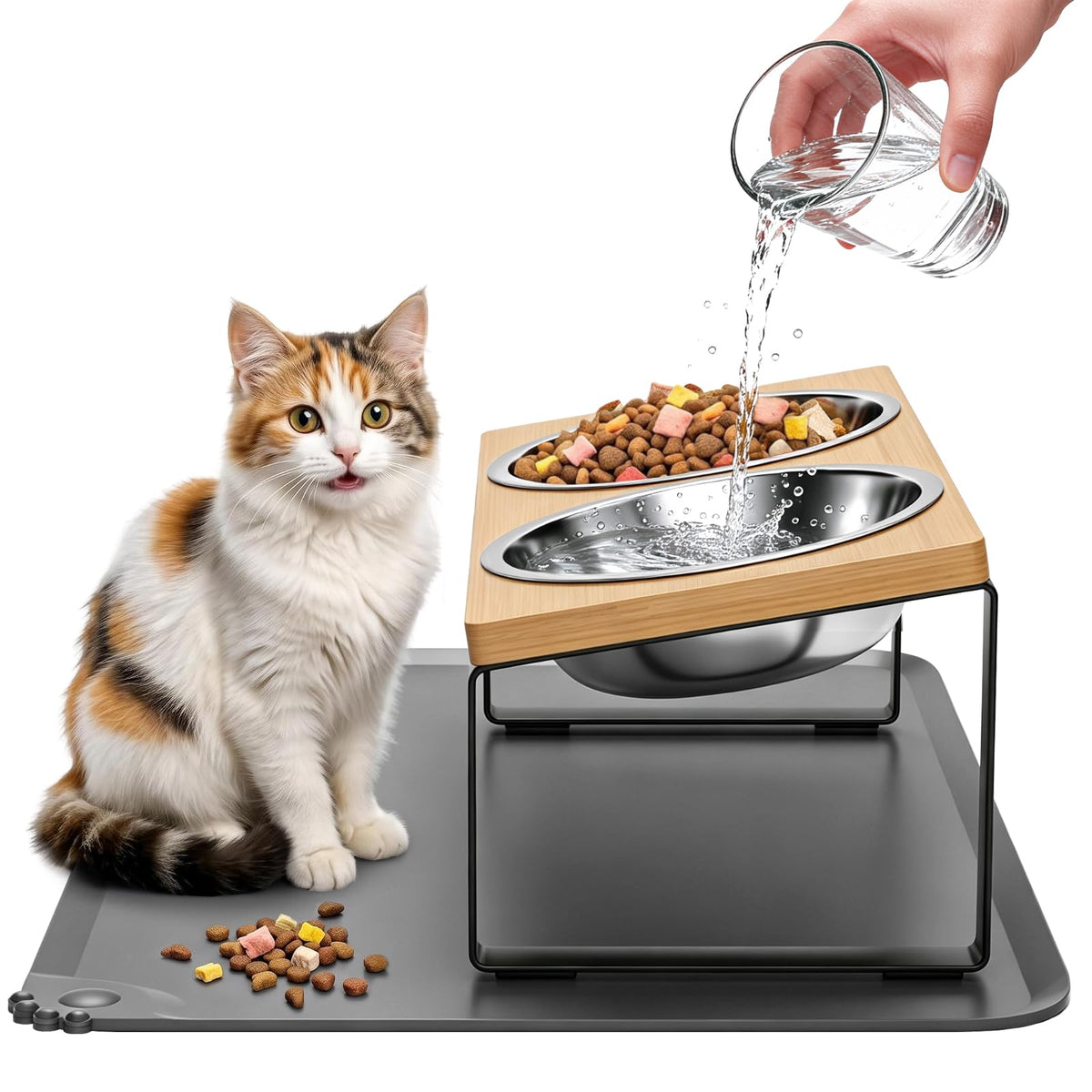 Elevated Tilted Cat Food Bowls with Mat, 304 Stainless Steel 2 Water Bowls - Natural