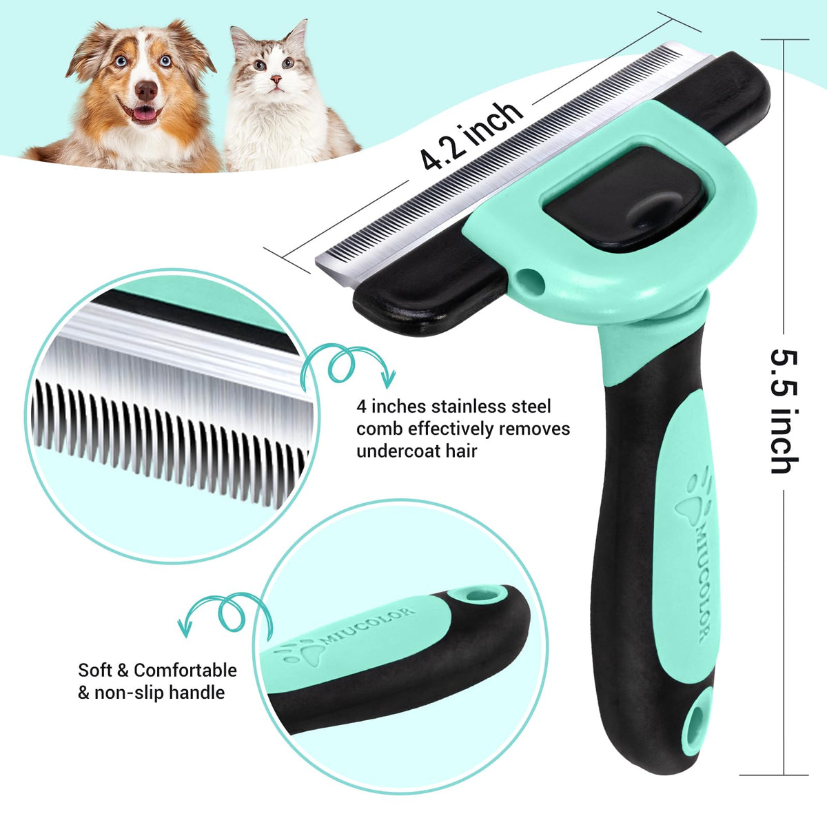 MIU COLOR Pet Grooming Brush Deshedding Tool for Dogs & Cats - Spring Green / Short and Medium Hair view 1