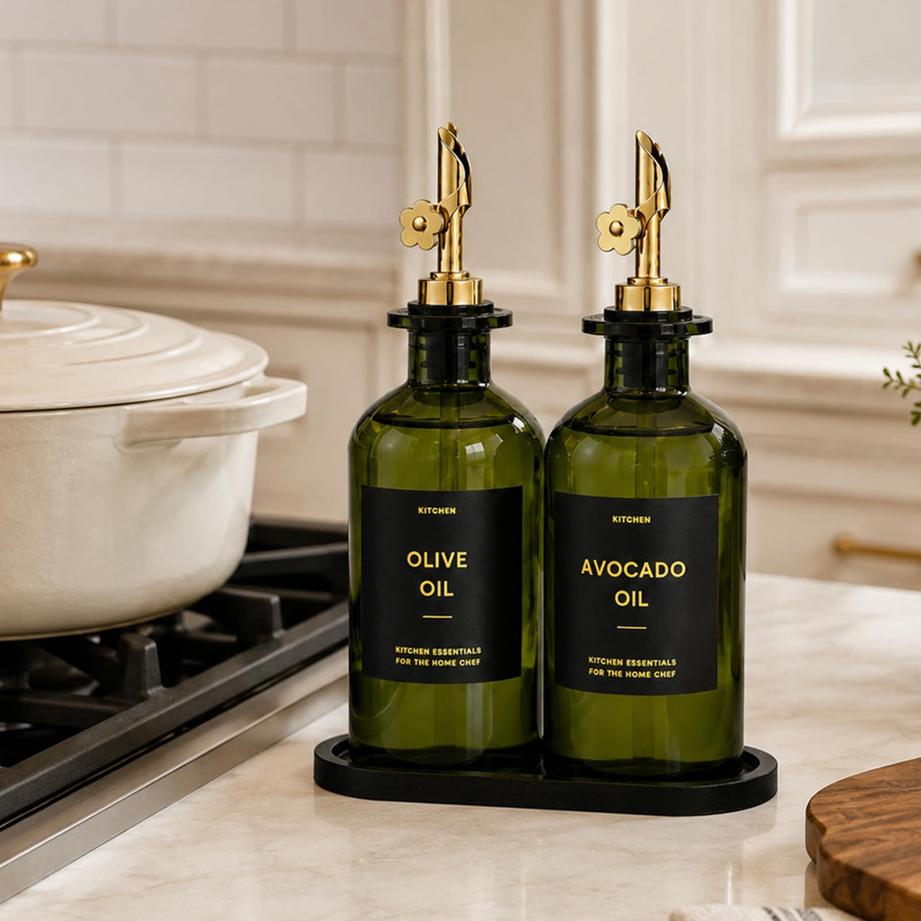 Olive Oil Dispenser for Kitchen, 2-Pack 12oz Glass Bottle - Olive-Green&Gold Labels view 6
