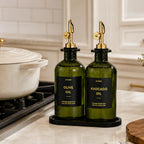 Olive Oil Dispenser for Kitchen, 2-Pack 12oz Glass Bottle - Olive-Green&Gold Labels view 6