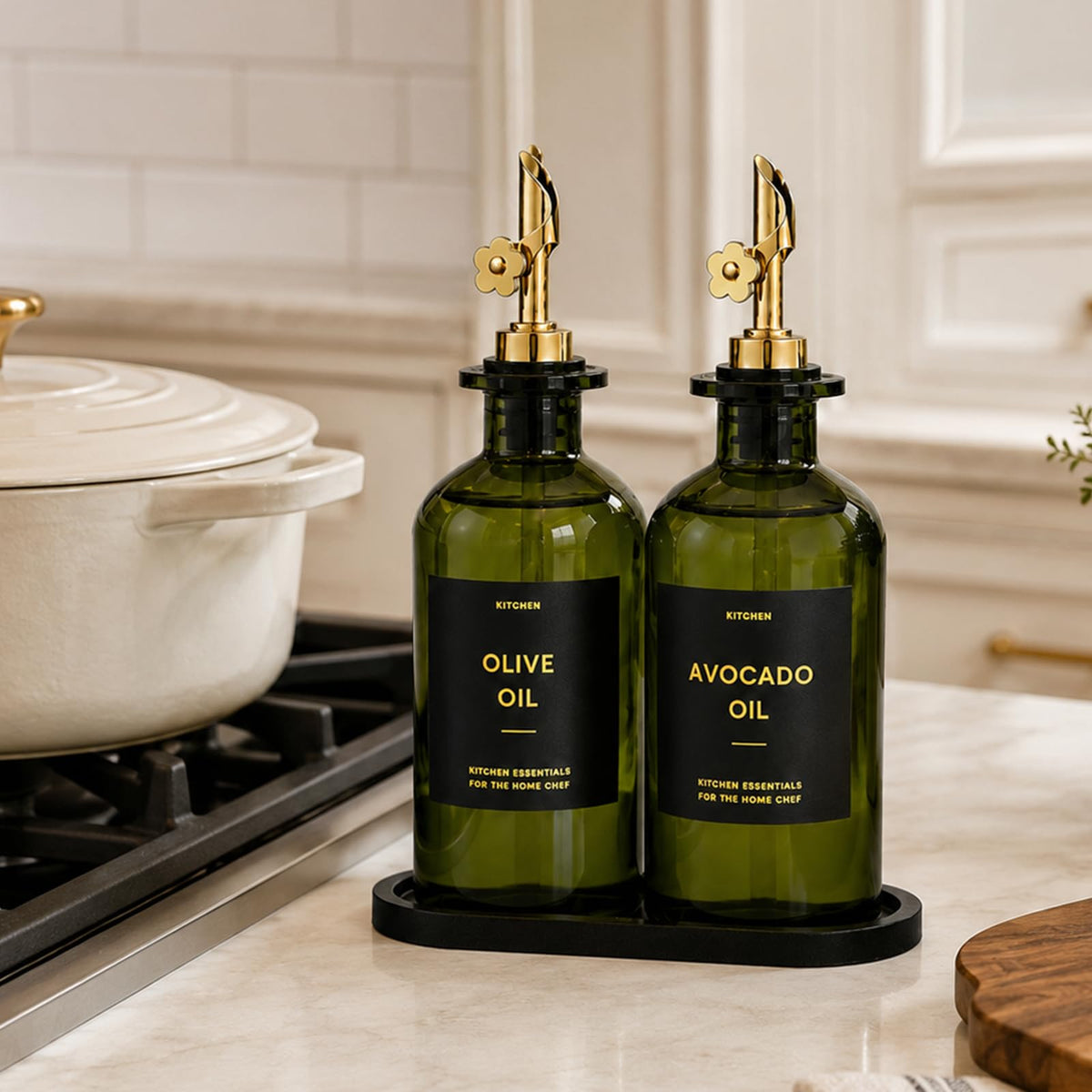 Olive Oil Dispenser for Kitchen, 2-Pack 12oz Glass Bottle - Olive-Green&Gold Labels view 6
