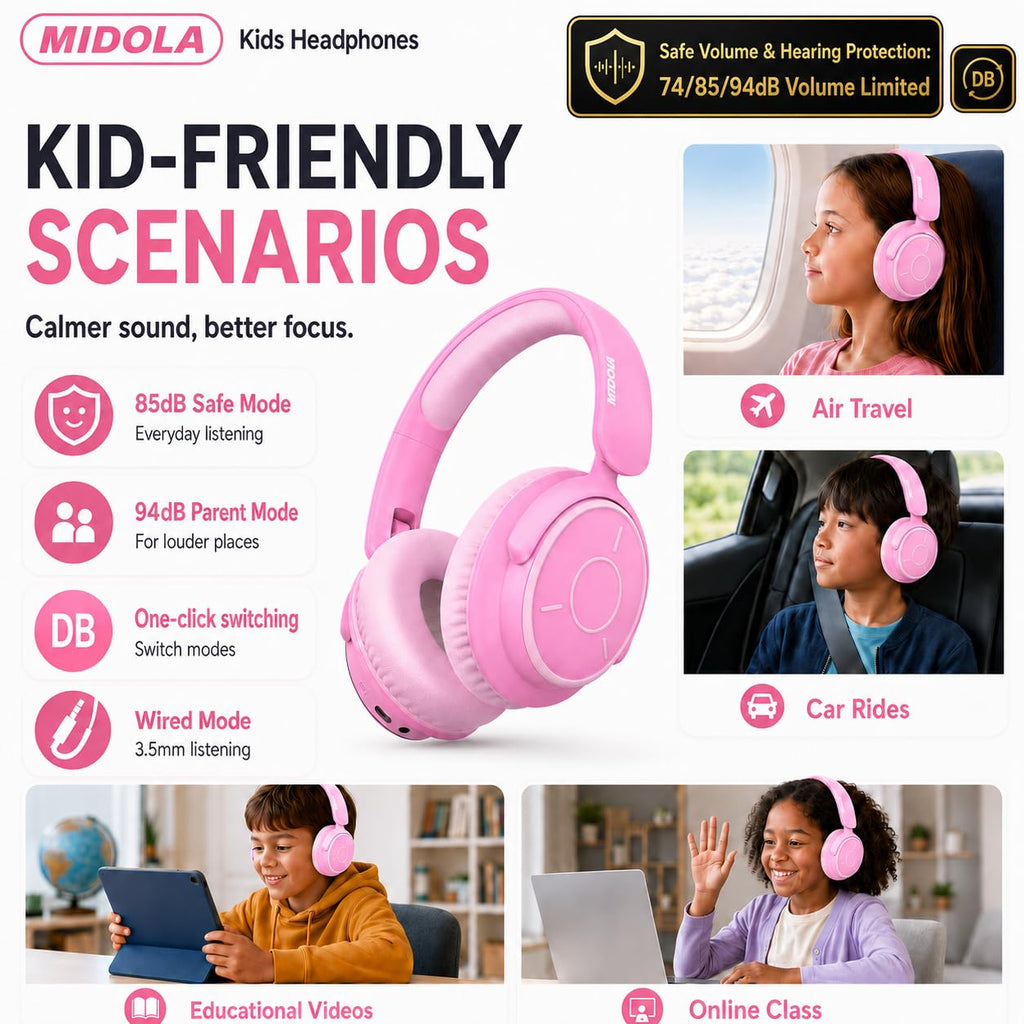 Kids Bluetooth Headphones Wireless Over-Ear,68Hrs,Volume Limit 85/94dB - Pink view 2
