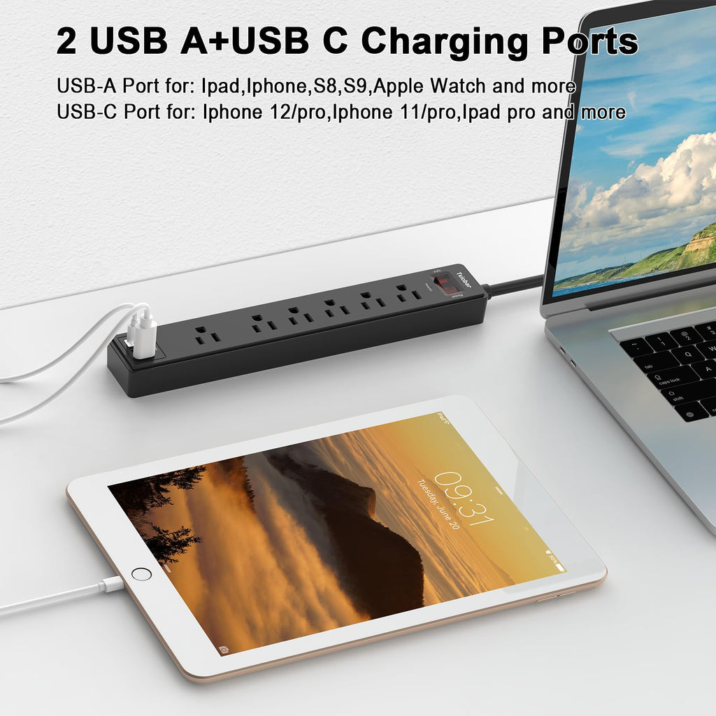 Teiobar Extension Cord Power Strip - Black(6 Outlets/2U1C) / 6 Ft view 2