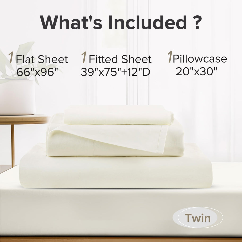 Comfort Spaces 100% Cotton Percale Sheets Twin Sheet Set 3 Pcs, Ivory (AM20-0601)