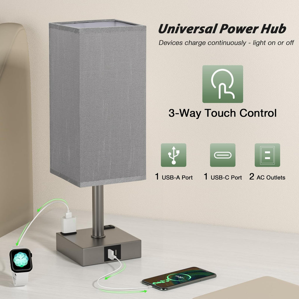 aooshine Set of 2 Touch Lamps with USB-C Port - Grey Shade-Grey Base view 3