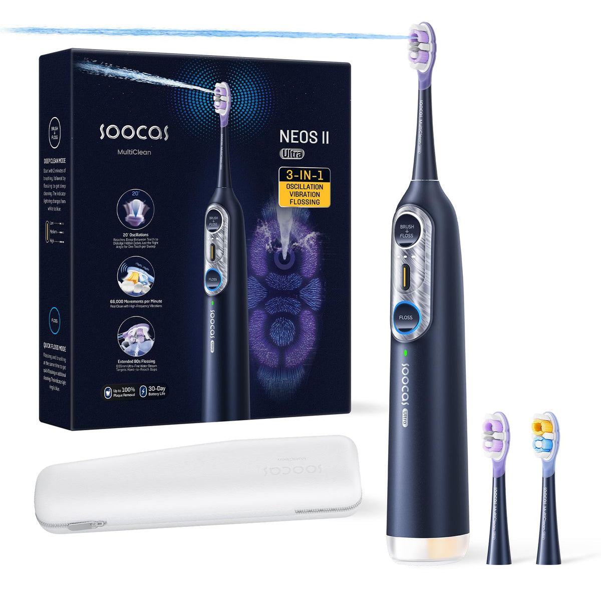 Soocas NEOS II Ultra Electric Toothbrush with Water Flosser, Midnight – Blue