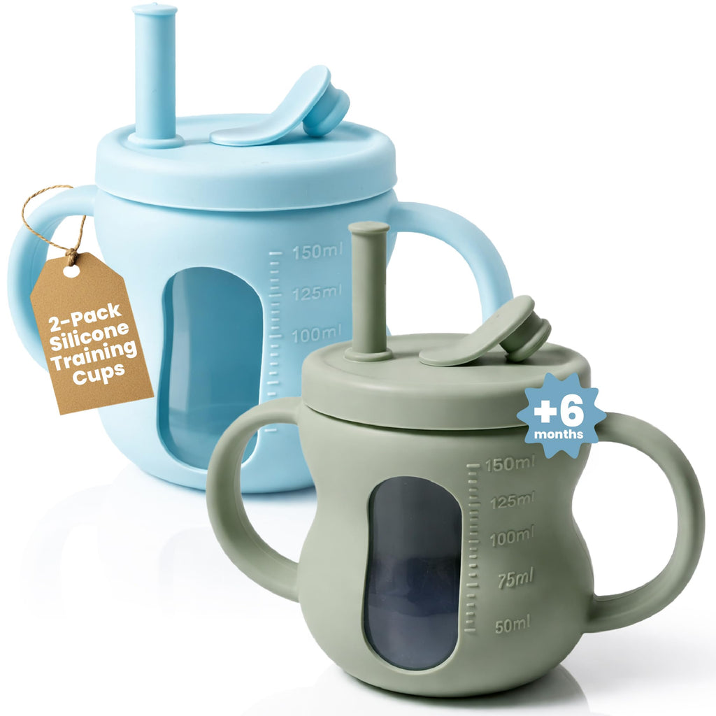 QECOS Silicone Sippy Training Cups with Straw 2-Pack, 6 oz Leak Proof Toddler Cups for