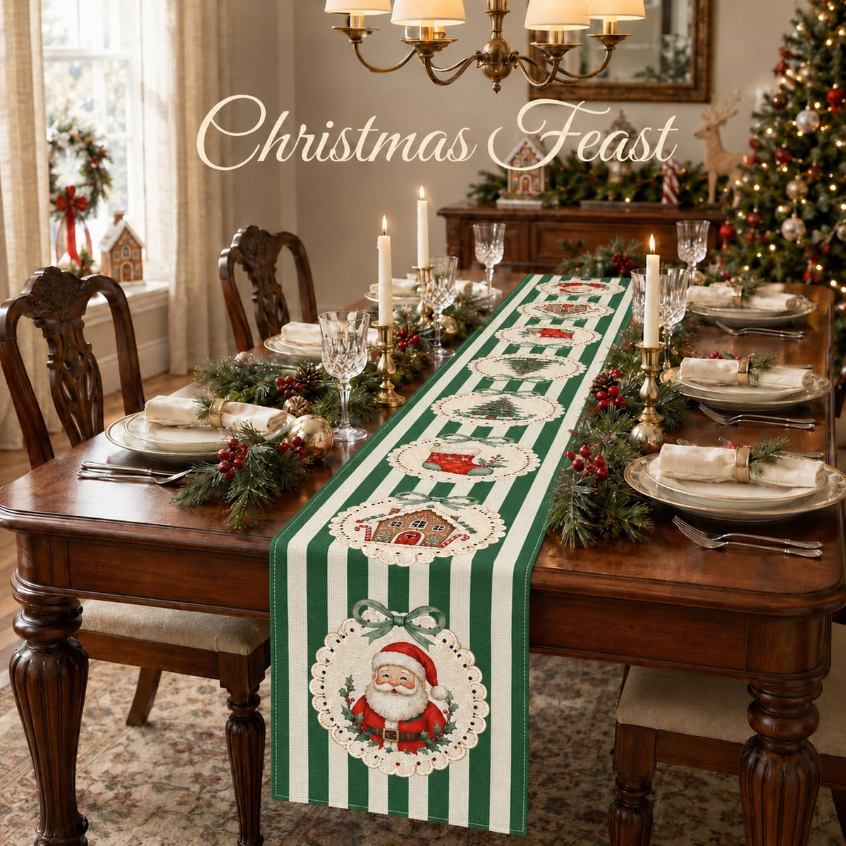 13 x 60 Table Runner for Holiday and Farmhouse Kitchen Decor - Green Stripe view 5