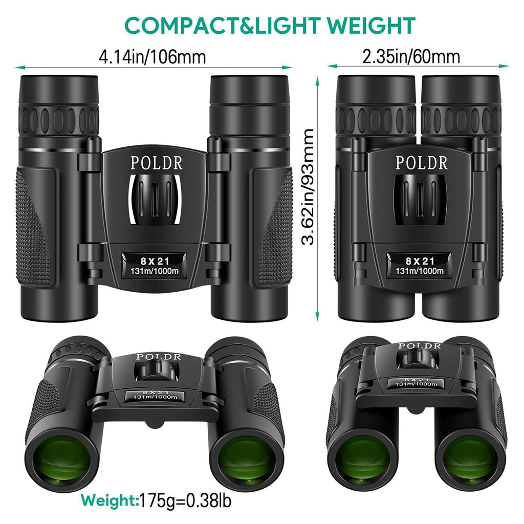 POLDR 8x21 Small Compact Binoculars for Adults, Travel Hiking Essentials (8x21-Black)
