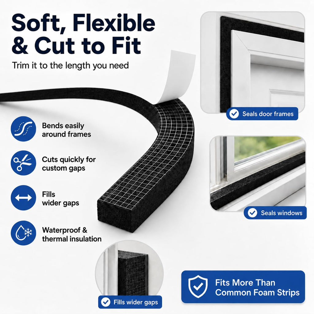 Bantie 1" x 2" EVA Foam Weather Stripping Tape, 13FT Self-Adhesive Foam Seal Strip for Large Door & Window Gaps, – Black