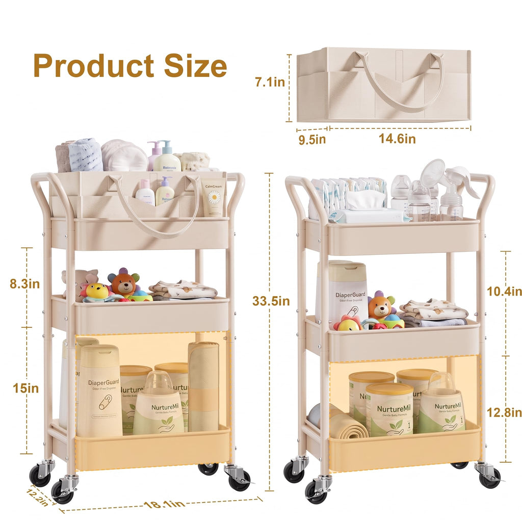 3 Tier Rolling Diaper Caddy Cart - Beige view 8