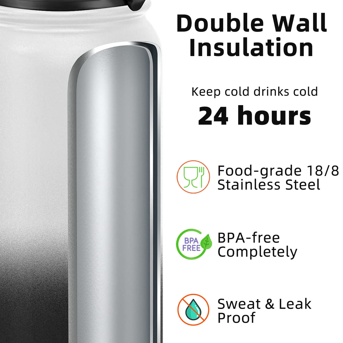 Fanhaw Stainless Steel Water Bottle with Chug Lid - White Black / 20 Ounces view 2