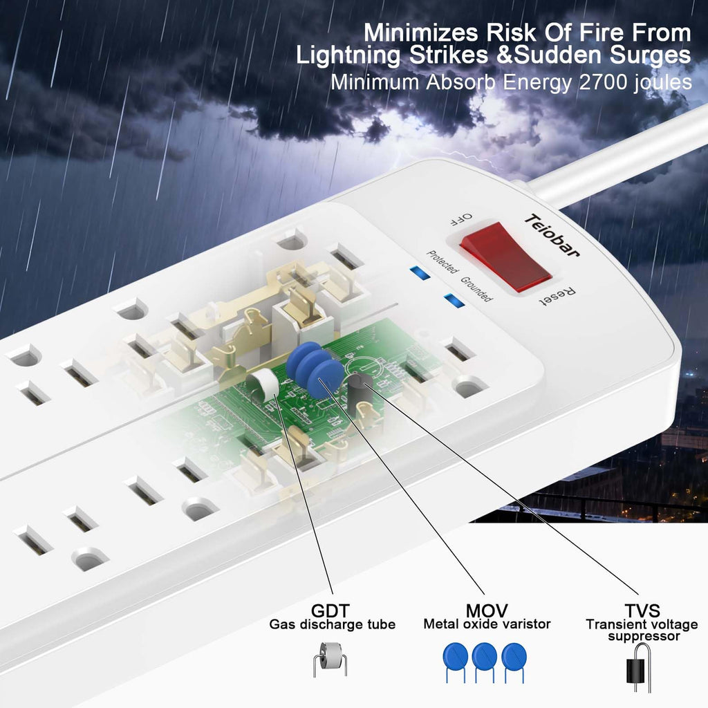 Teiobar Extension Cord Power Strip - White(12 Outlets/2U2C) / 6 Ft view 4