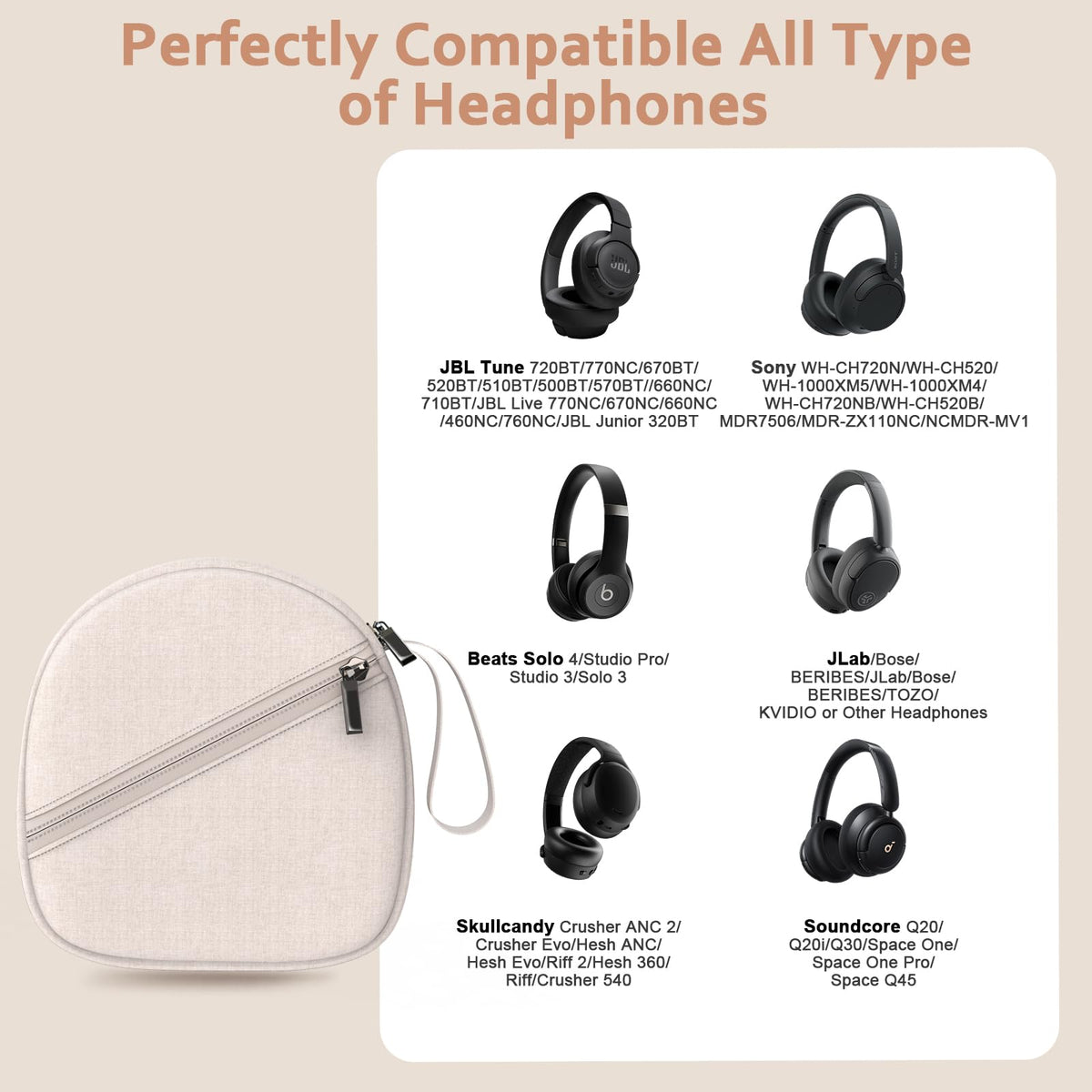 Headphone Case Compatible with JBL/Beats/Sony/BERIBES/SoundCore/TOZO/KVIDIO/JLab/Bose, Ultra-Thin Headphone Bag Travel Carrying Universal - Khaki view 1