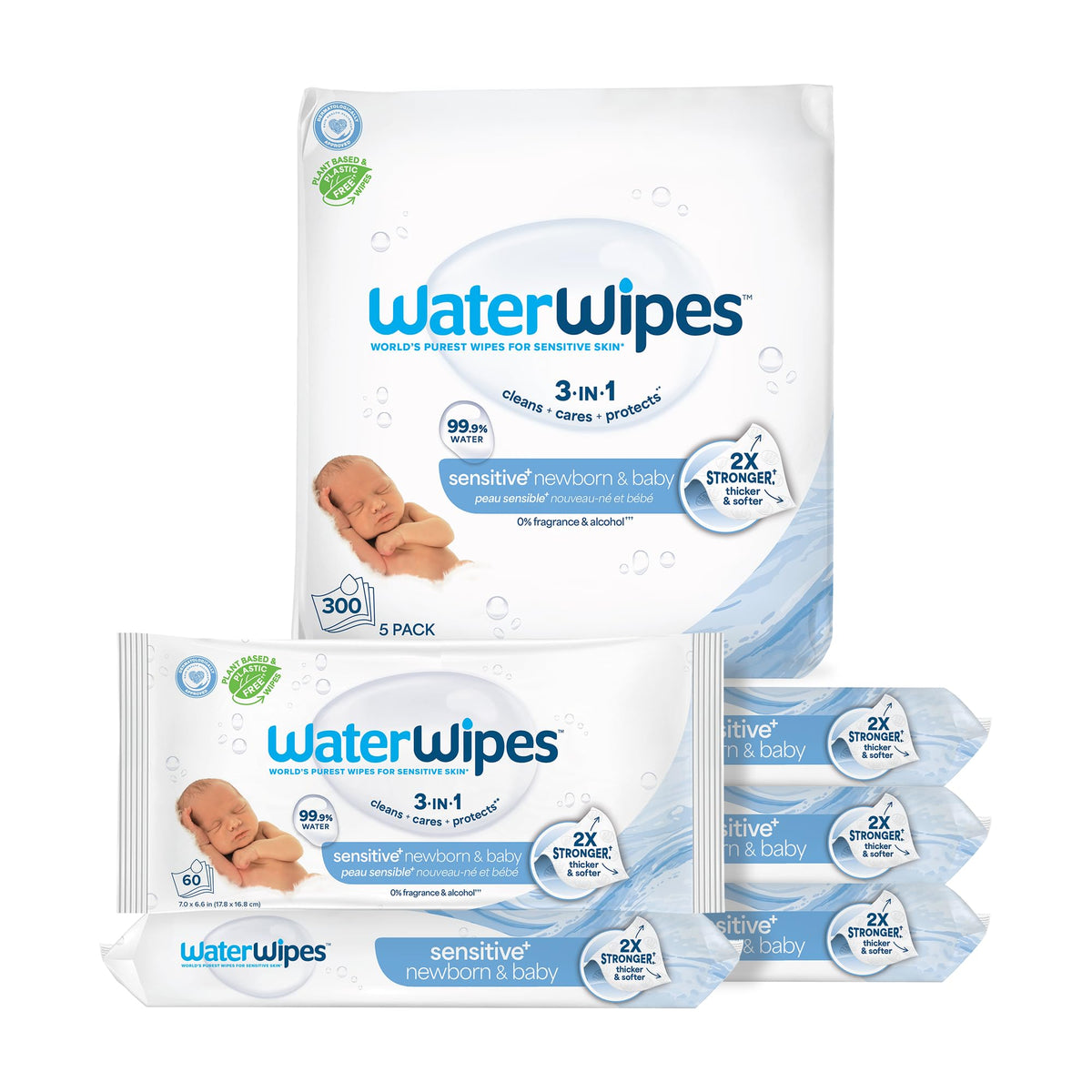 WaterWipes Sensitive+ Newborn & Baby Wipes, 3-In-1 Cleans, Cares, Protects, 99.9% Water, Unscented & Hypoallergenic (Pack of 5)