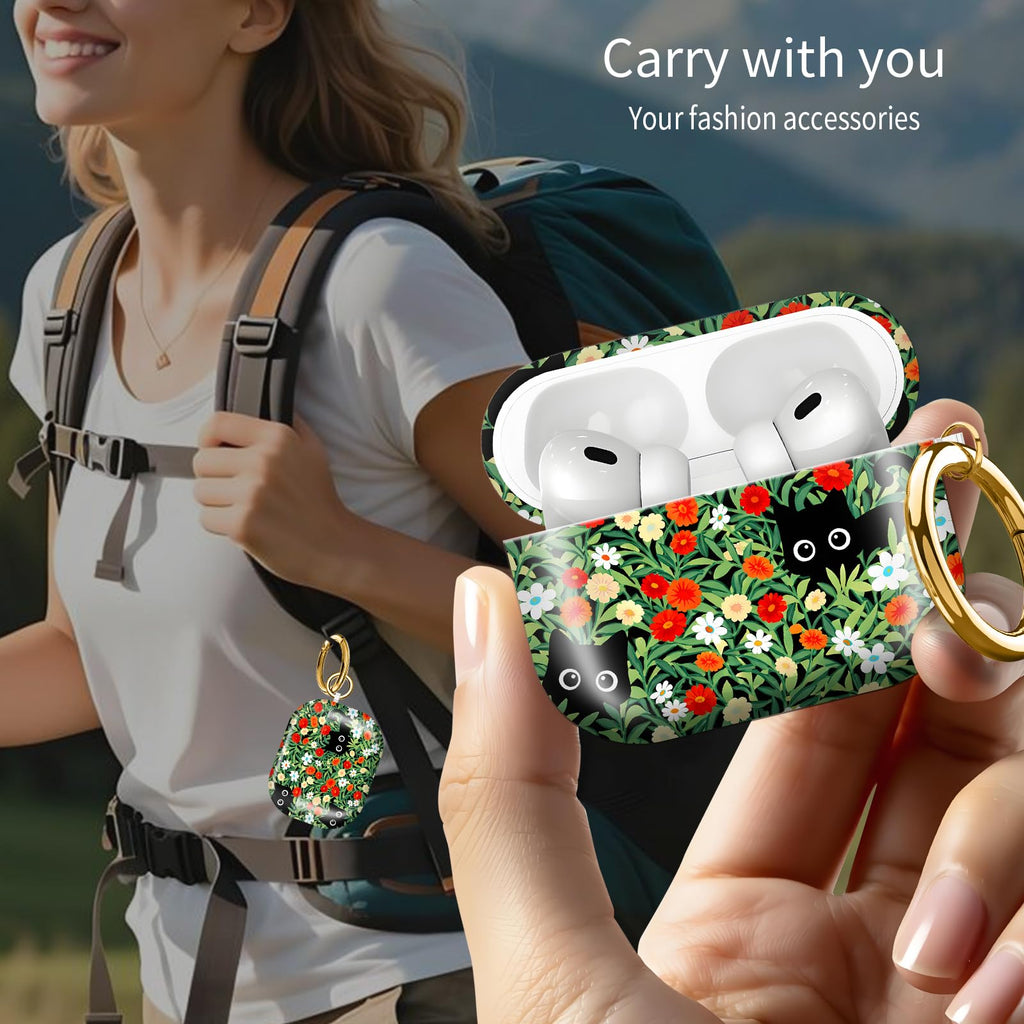 Compatible with AirPod PRO 3 2025 Shockproof Drop-Proof Wireless Earbuds Case with Keychain - Flower bed Black Cat view 3