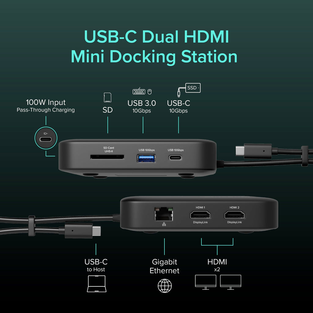 Plugable 7-in-1 USB-C DisplayLink Dock, Dual 4K 60Hz HDMI, 100W PD Charging (additional view 1)