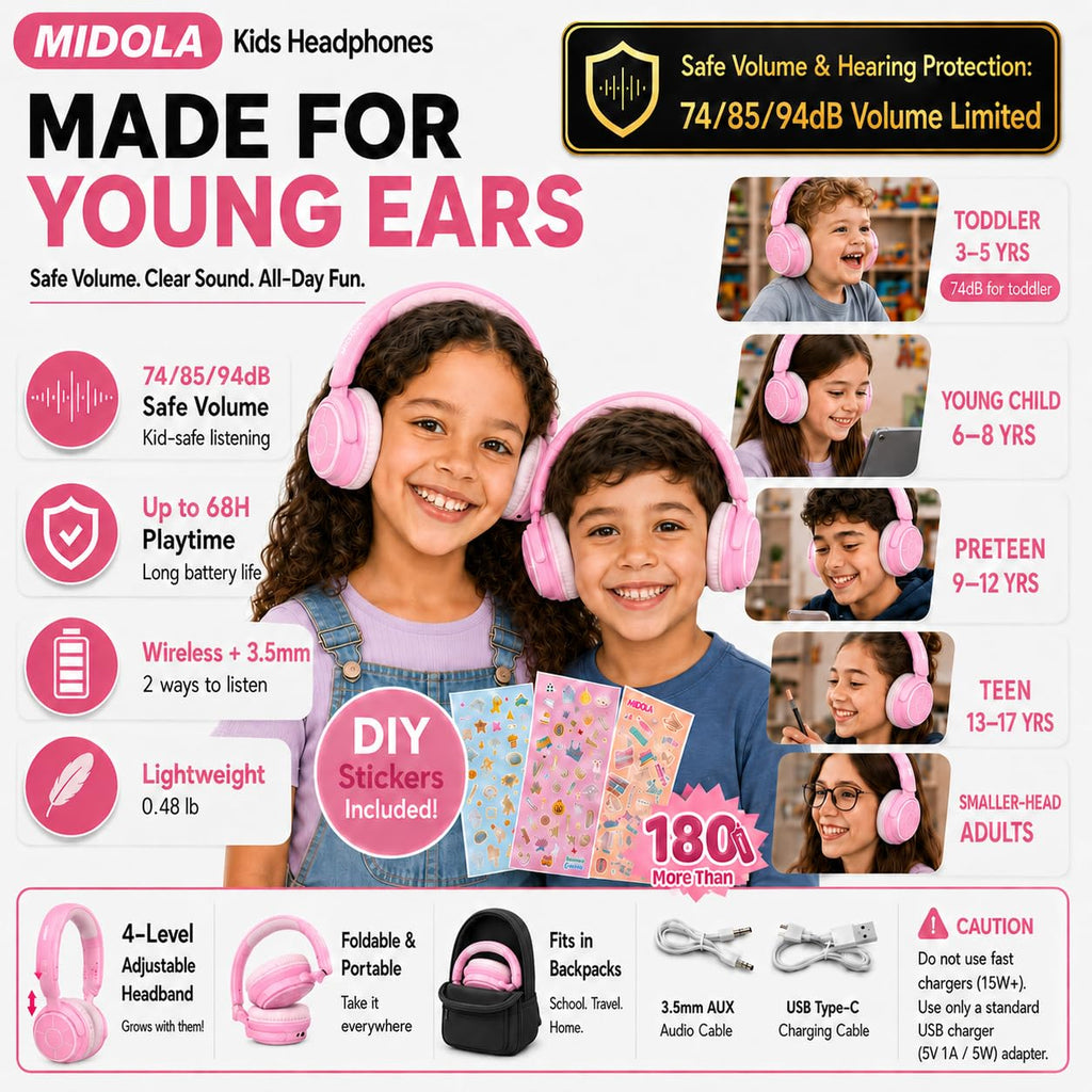 Kids Bluetooth Headphones Wireless Over-Ear,68Hrs,Volume Limit 85/94dB - Pink view 1