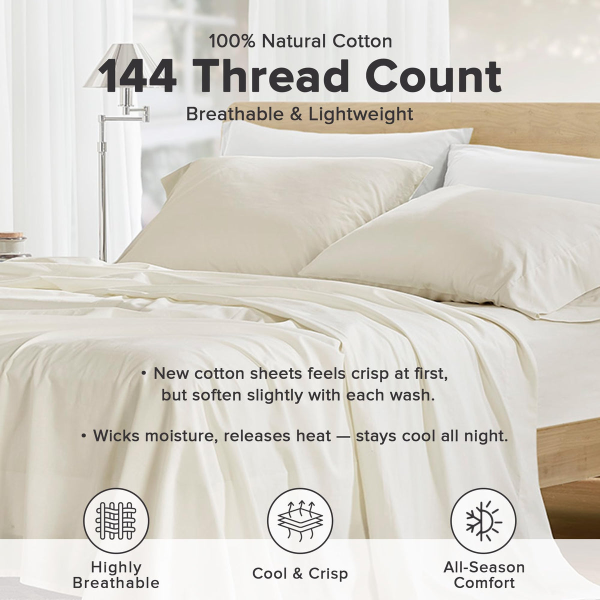 Comfort Spaces 100% Cotton Percale Sheets Twin Sheet Set 3 Pcs, Ivory (AM20-0601)