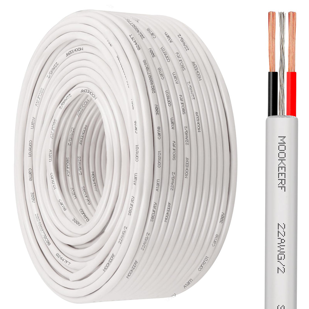 MOOKEERF 22/2 Shielded Wire 200FT 22AWG 2 Conductor Shielded Plenum Cable White CL3P Jacket Alarm Control Cable for Low