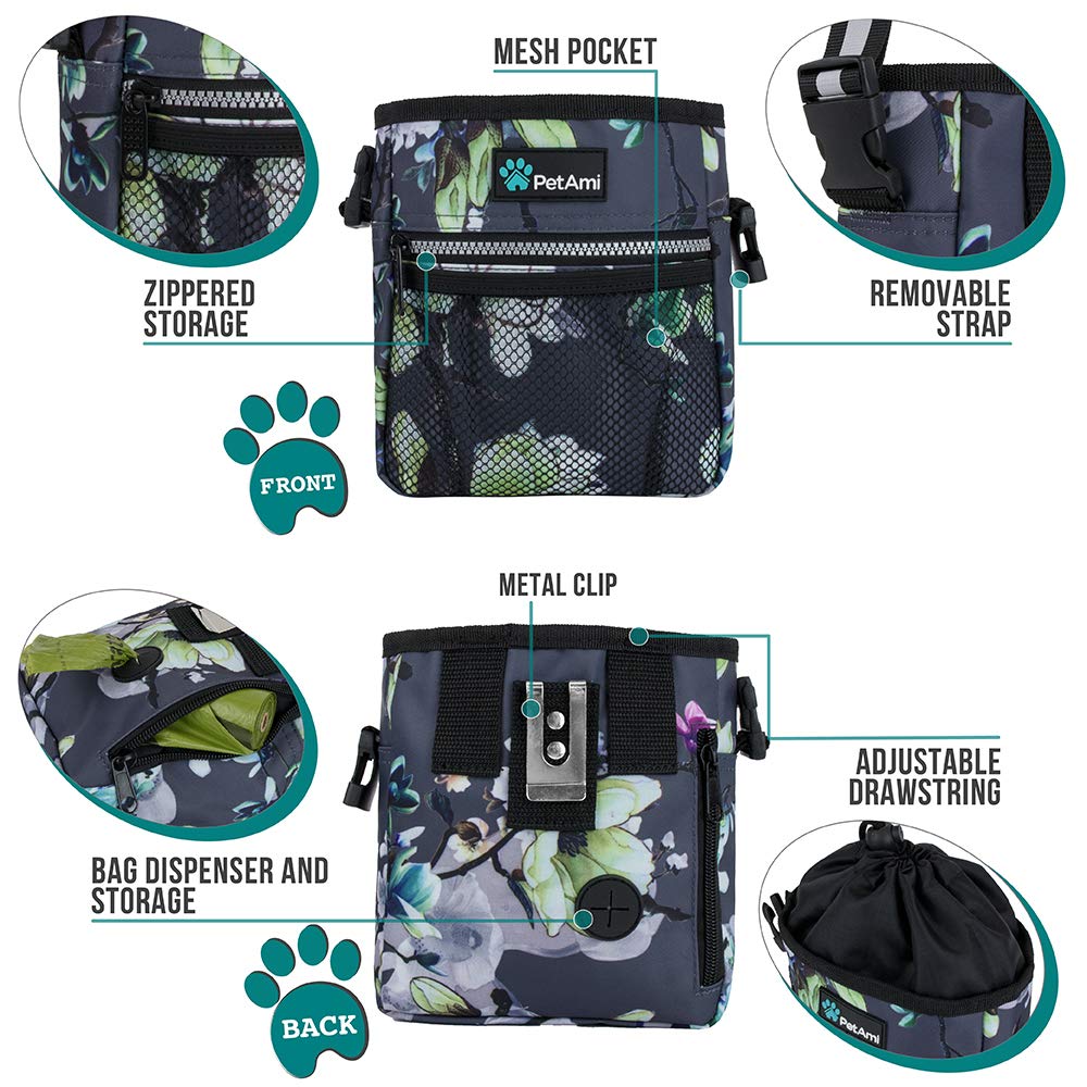 PetAmi Hands Free Dog Treat Pouch for Training and Walking - Floral Grey view 2