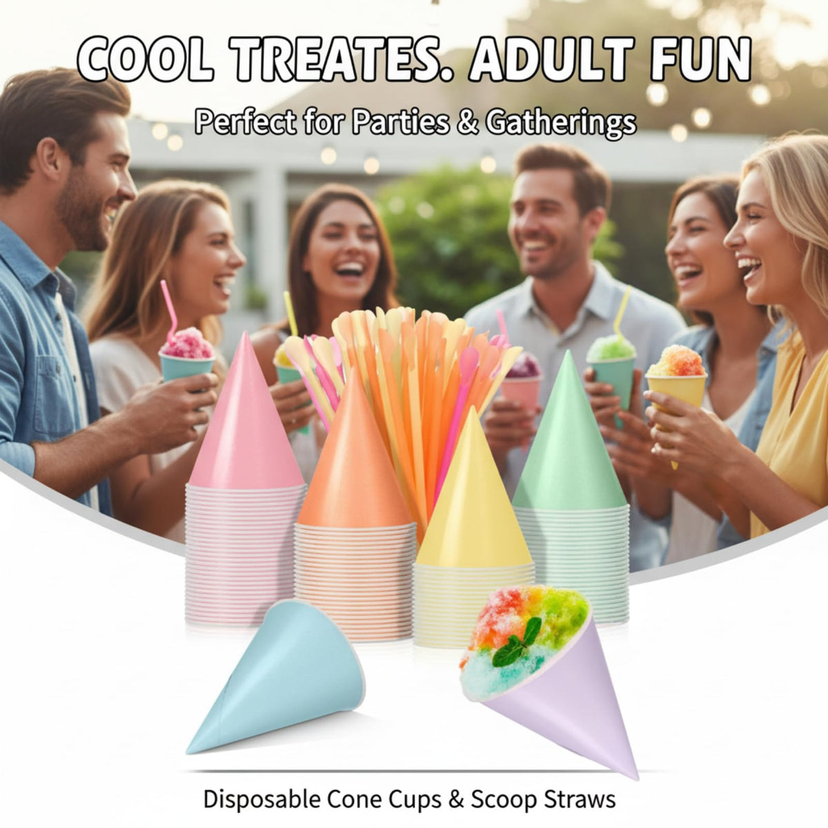 Boao 100 Pcs Snow Cone Cups Syrup Spoon Straws - Macaron Color / 6 oz view 1