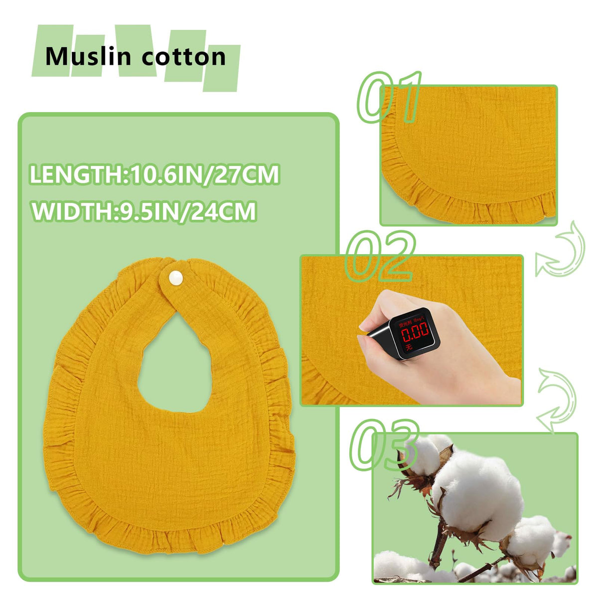 DOSMINE Organic Cotton Muslin Baby Bibs for Drooling & Teething - Yellow view 2