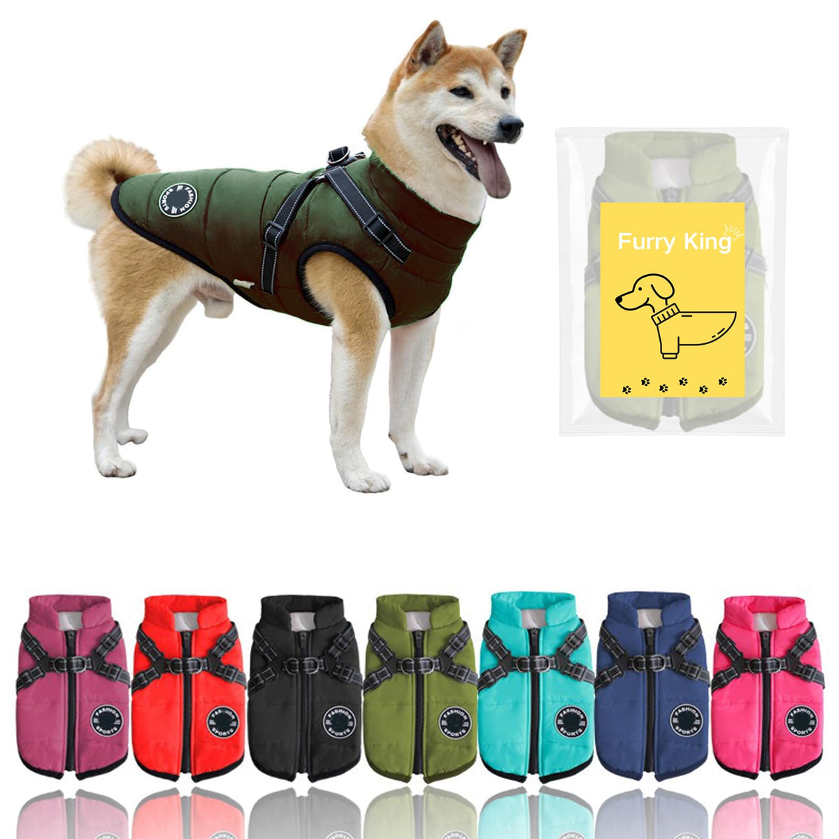 Furry King Dog Winter Coat with Harness, 7 Colors, Waterproof, Fleece Lined. - Green / Medium
